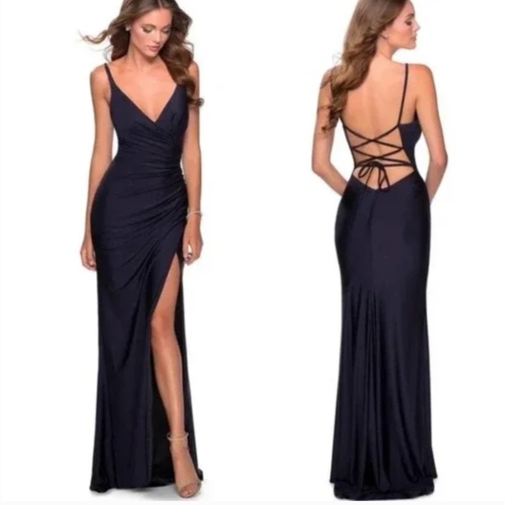 La Femme Navy Blue Strappy Back Ruched Jersey Gown